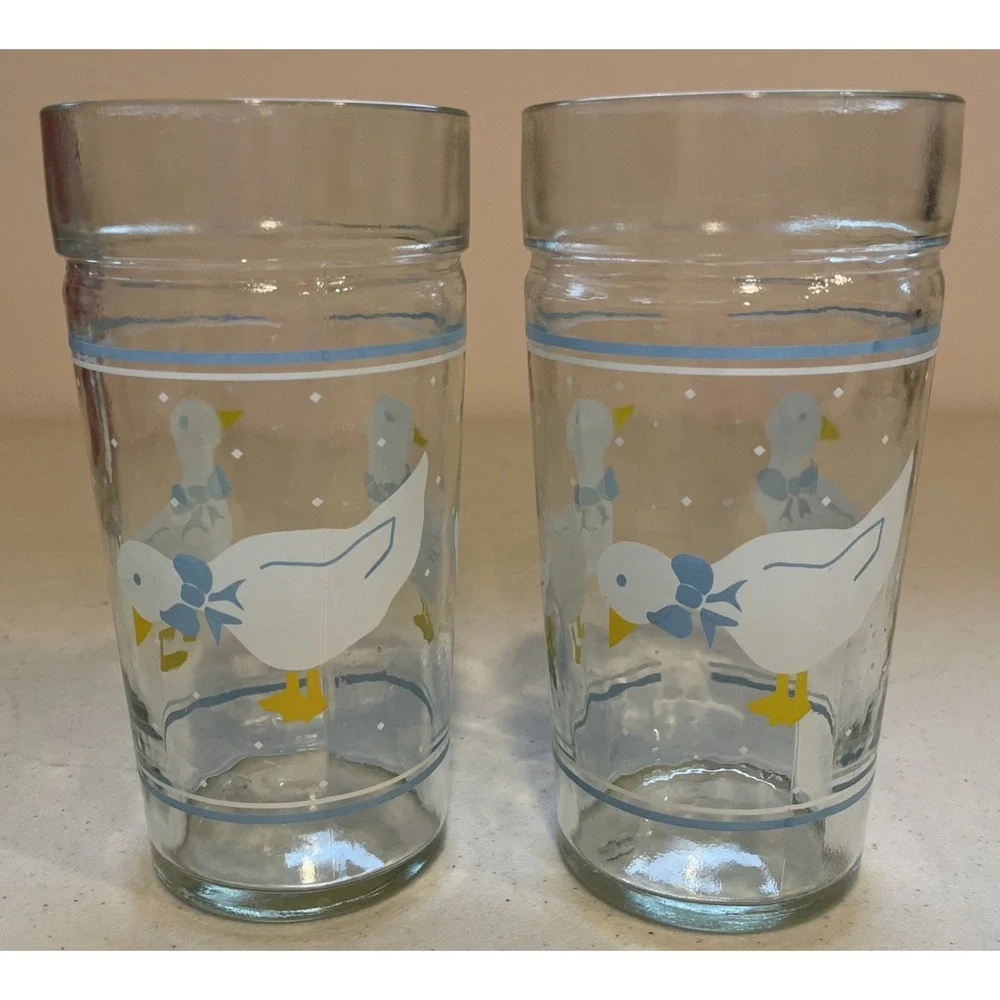 Vtg Set 4 Geese Goose Duck Glasses Cups Blue Ribbon Bow Libbey Anchor Hocking